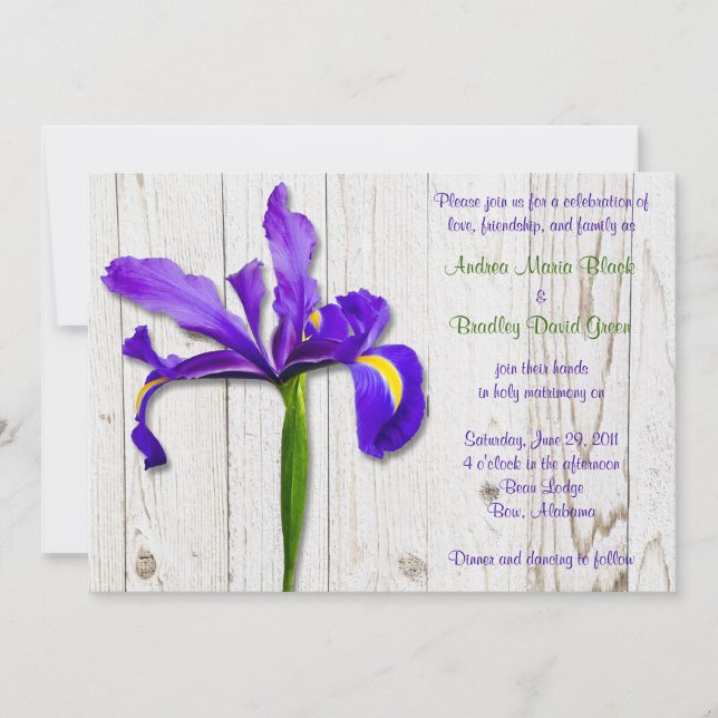 Purple Iris Whitewashed Wood Wedding Invitation (Front)