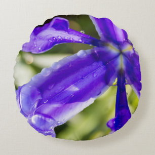 Purple Iris with Raindrops Round Cushion