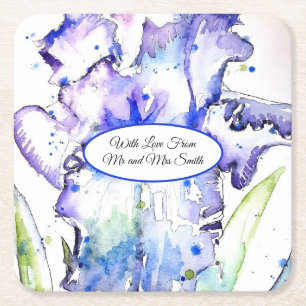 Purple Irise Watercolor Irises Blue Wedding Square Paper Coaster
