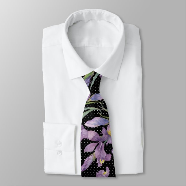 Purple Irises Botanical Black White Polka Dots Tie (Tied)