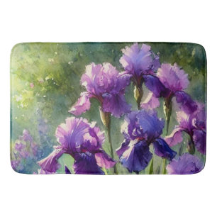 Purple Irises Floral Watercolor Bath Mat