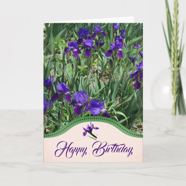 Purple Irises Flower Garden Birthday Card (Front)