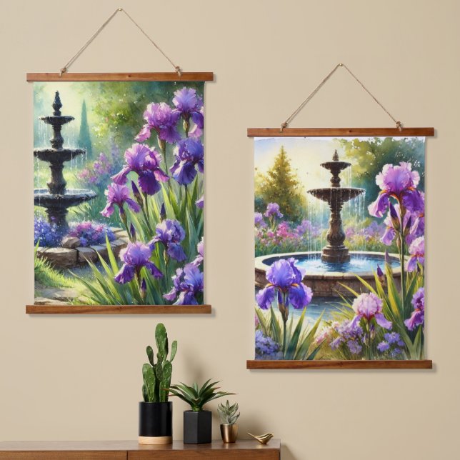  Purple Irises Flowers and Fountain  Hanging Tapestry (Asymmetrical)