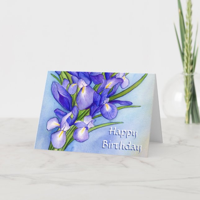 Purple Irises Happy Birthday Art Greeting Cards (Front)