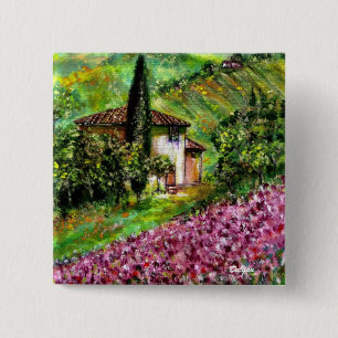 PURPLE IRISES IN GREEN TUSCANY LANDSCAPE 15 CM SQUARE BADGE