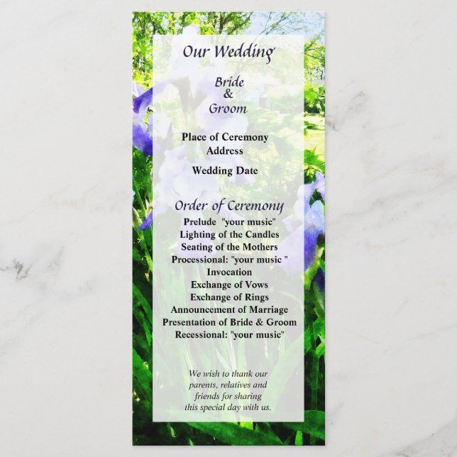 Purple Irises in Suburbs Wedding Program (Front)