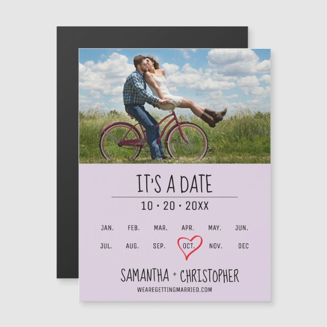 Purple It's a Date Custom Photo Engagement Magnetic Invitation (Front/Back)