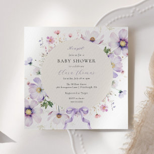 Purple It's a Girl Floral Bow Baby Shower Invitation
