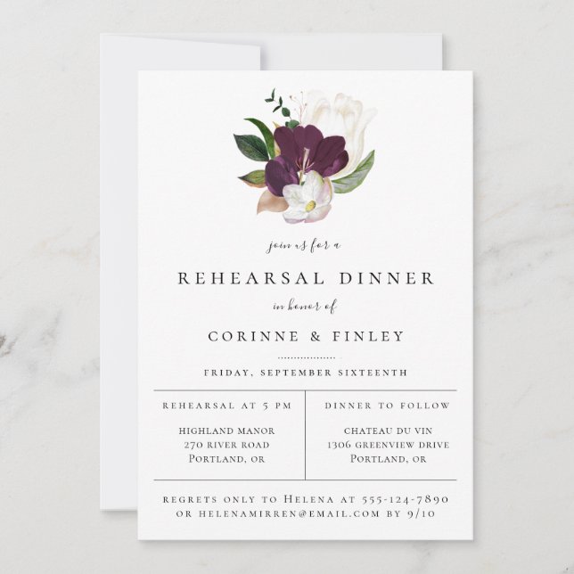 Purple Ivory Floral Rehearsal Dinner Announcement (Front)