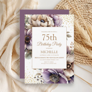 Purple Ivory Florall Gold Glitter 75th Birthday Invitation