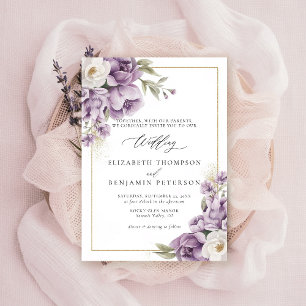 Purple Ivory Gold Floral Frame Elegant Wedding Invitation