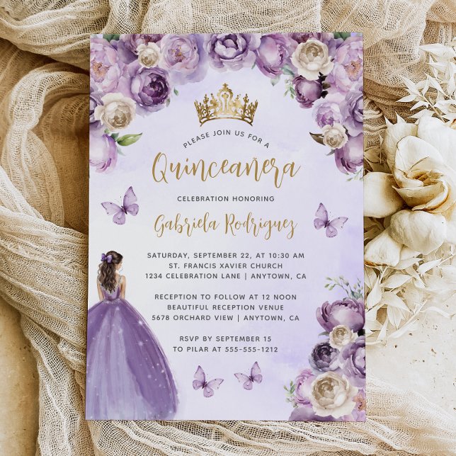 Purple Ivory Gold Floral Watercolor Quinceañera Invitation (Creator Uploaded)