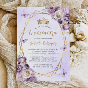 Purple Ivory Gold Geometric Floral Quinceañera Invitation