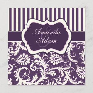 Purple, Ivory, Pink Striped Damask Wedding Invite