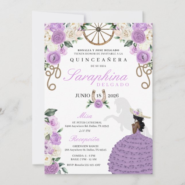 Purple & Ivory Roses Western Cowgirl Quinceañera Invitation (Front)