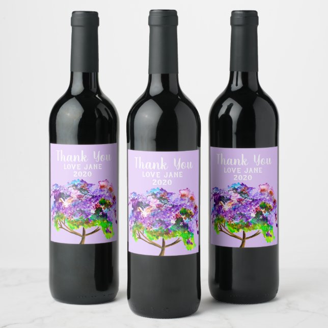 Purple Jacaranda tree watercolor art Wine Label (Bottles)