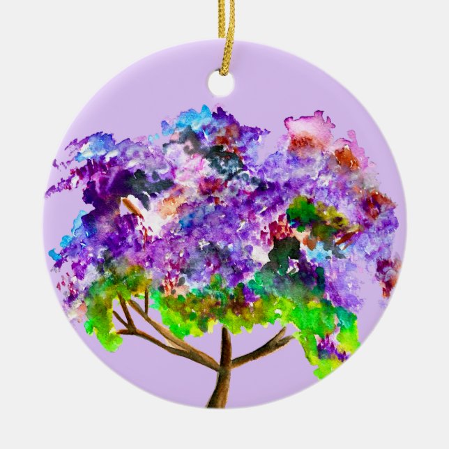 Purple jacaranda tree watercolor fine art ceramic ornament (Front)