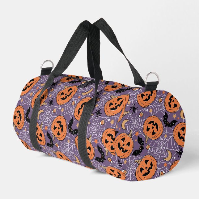 Purple Jack-O-Lantern Halloween Pattern Duffle Bag (Left Corner)