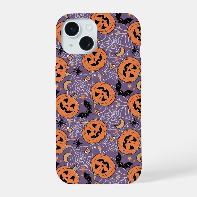 Purple Jack-O-Lantern Halloween Pattern iPhone 15 Case (Back)