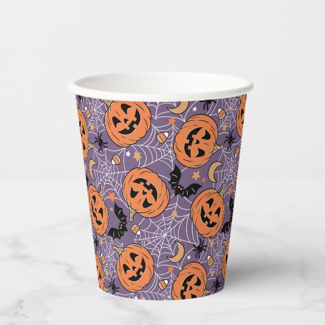 Purple Jack-O-Lantern Halloween Pattern Paper Cups (Front)