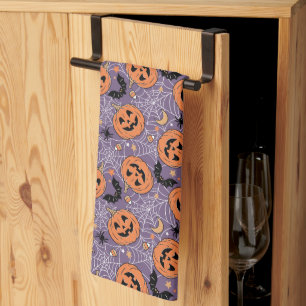 Purple Jack-O-Lantern Halloween Pattern Tea Towel