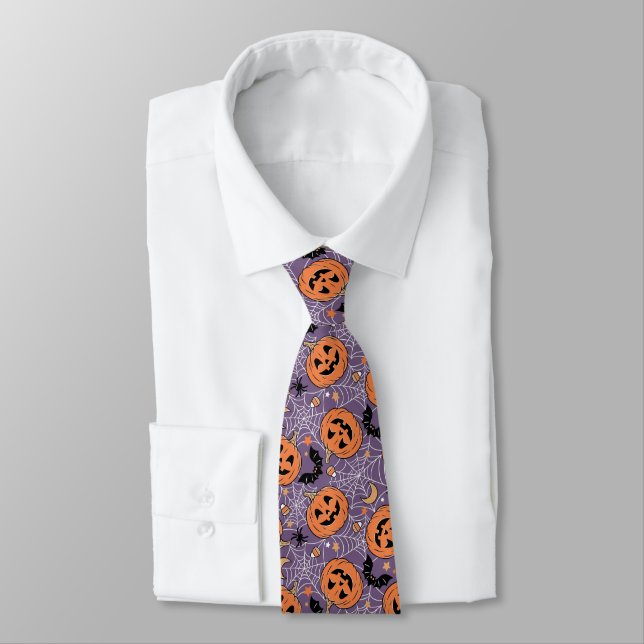 Purple Jack-O-Lantern Halloween Pattern Tie (Tied)