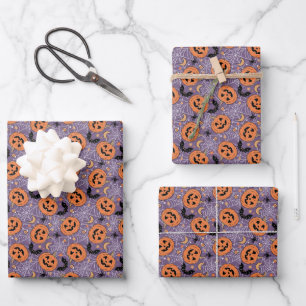 Purple Jack-O-Lantern Halloween Pattern Wrapping Paper Sheet