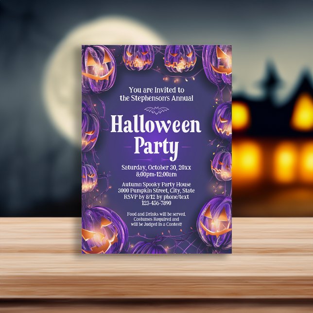 Purple Jack-O-Lantern Lights Halloween Party Invitation (purple fairy lights halloween invitation)