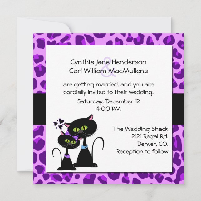 Purple Jaguar Print & Black Cat Wedding Invitation (Front)