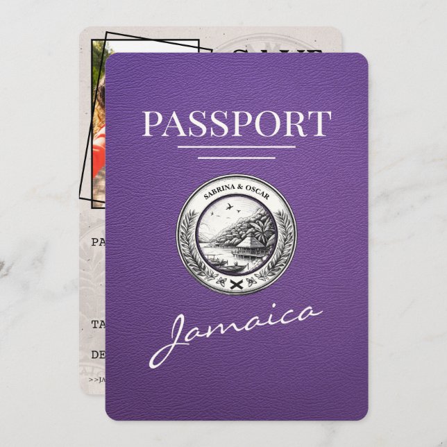 Purple Jamaica Passport Save The Date (Front/Back)
