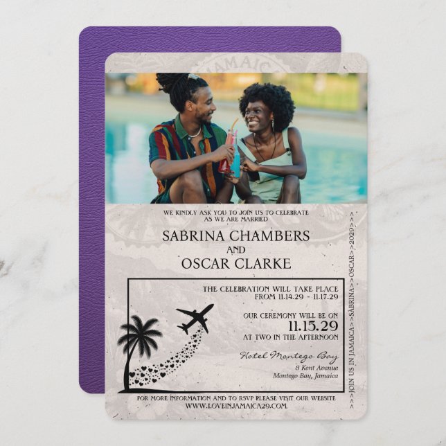 Purple Jamaica Passport Wedding Invitation (Front/Back)
