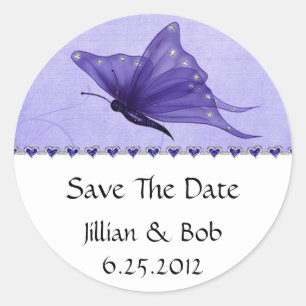 Purple Jewel Hearts Purple Butterfly Save The Date Classic Round Sticker