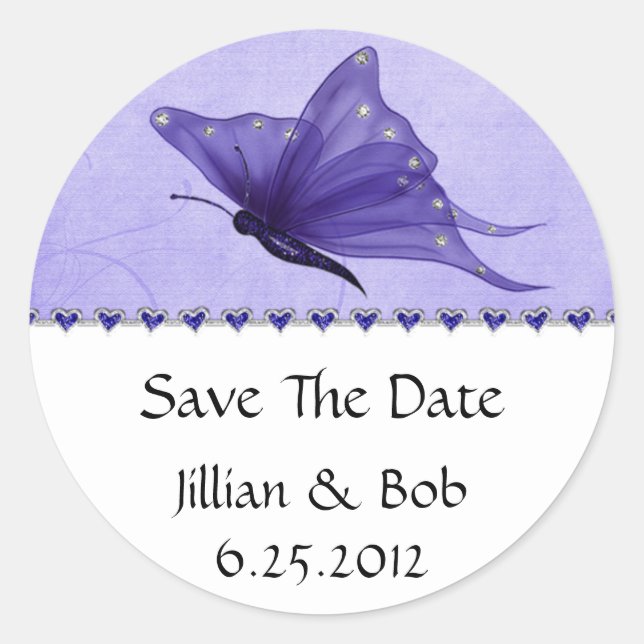 Purple Jewel Hearts Purple Butterfly Save The Date Classic Round Sticker (Front)