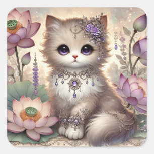 Purple Jewel Lotus Princess Cat Square Sticker