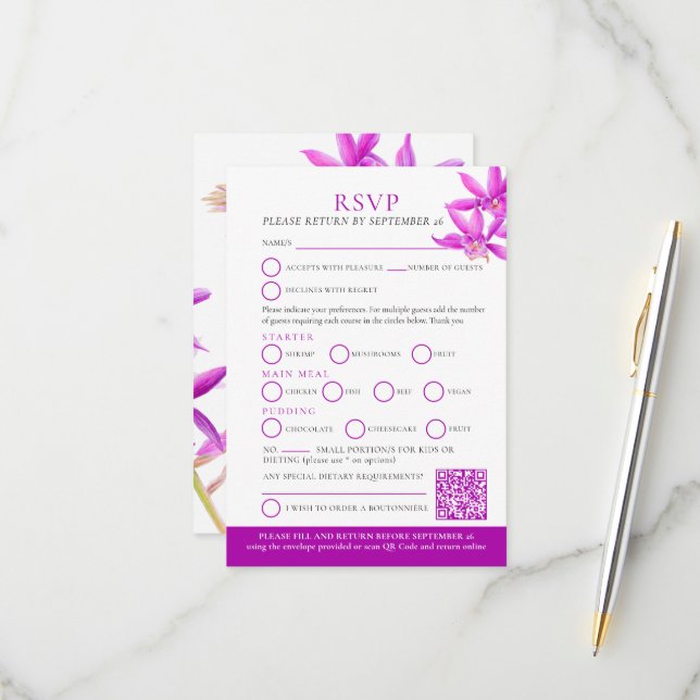 Purple jewel orchid watercolor wedding RSVP QR Card (Front/Back In Situ)