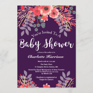 Purple Jewel Tone Watercolor Flowers Baby Shower Invitation