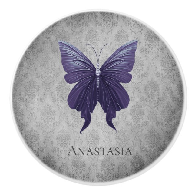 Purple Jewelled Butterfly Ceramic Knob (Front)