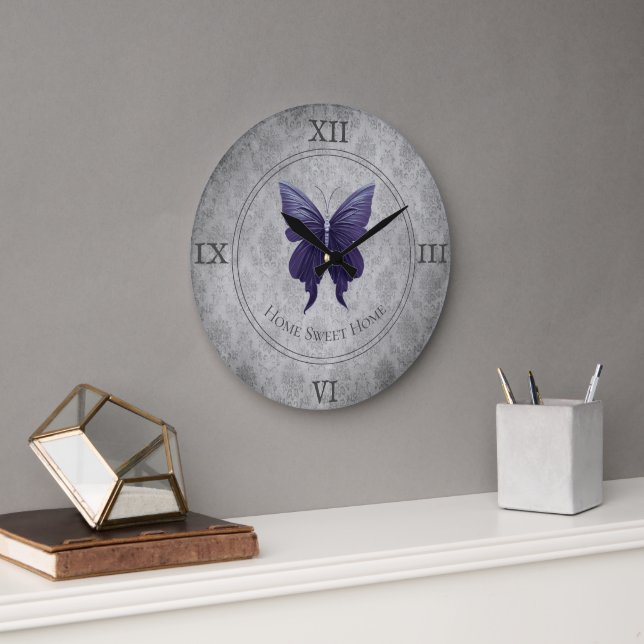 Purple Jewelled Butterfly Large Clock (Office)