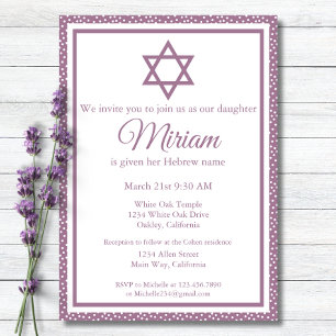 Purple Jewish Baby Naming Ceremony Simchat Bat Invitation