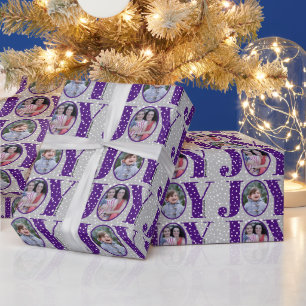 Purple JOY and snowflakes two photo Christmas Wrapping Paper