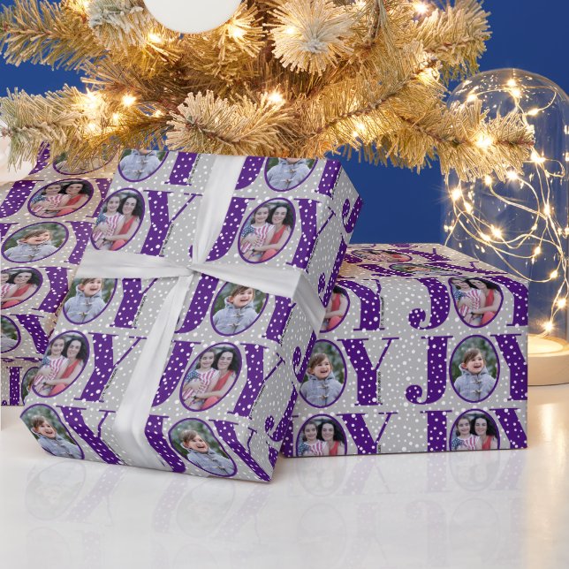 Purple JOY and snowflakes two photo Christmas Wrapping Paper (Holidays)
