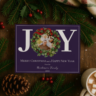 Purple Joy Christmas Wreath Photo Holiday Card