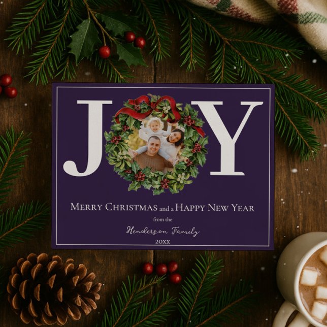 Purple Joy Christmas Wreath Photo Holiday Card (Purple Joy Christmas Wreath Photo Holiday Card)