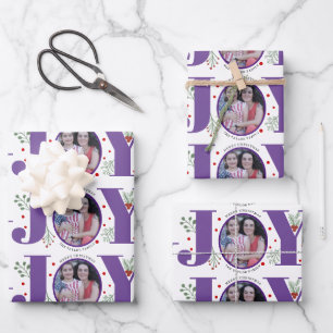 Purple Joy with berries Christmas holiday photo Wrapping Paper Sheet