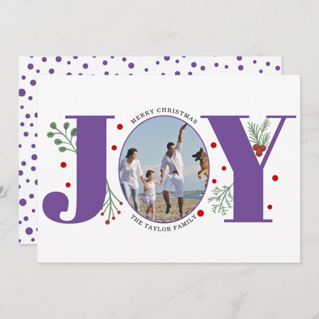 Purple Joy with berries Christmas photo Holiday Card (Front/Back)