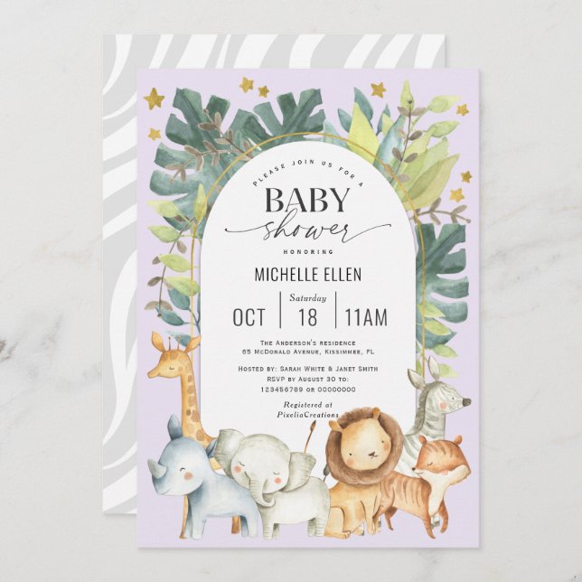 Purple jungle animals cute baby girl shower invitation (Front/Back)