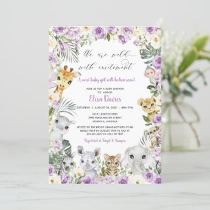 Purple Jungle Floral Wild Animals Girl Baby Shower Invitation