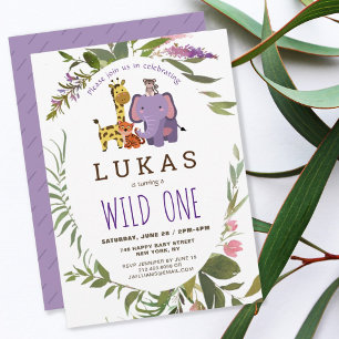 Purple Jungle Safari Animal 1st Birthday  Invitation