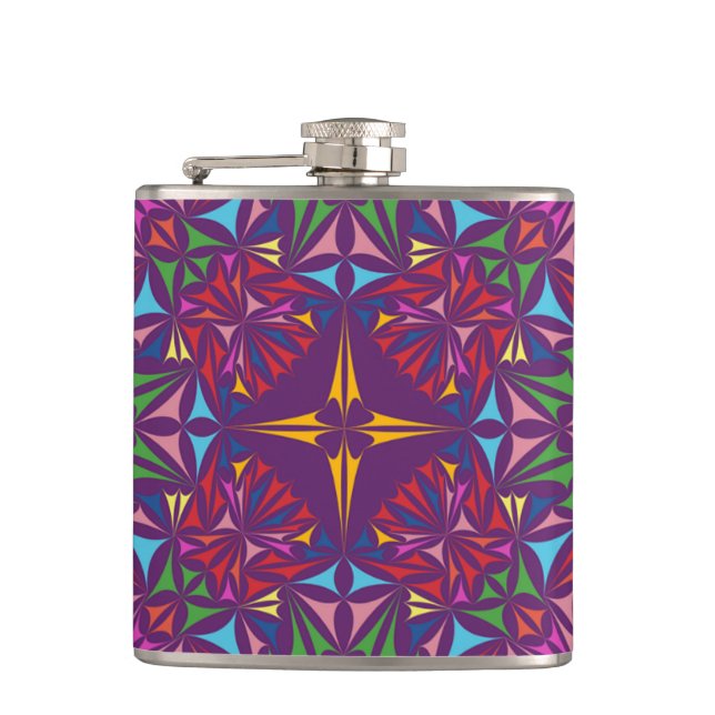 Purple Kaleidoscope Ornate Pattern Hip Flask (Front)