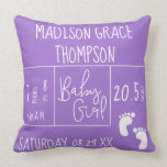 Purple keepsake Personalised Baby Girl Birth Stat Cushion<br><div class="desc">For all those new babies out there! This cute baby girl announcement pillow if fully customisable. New parents would adore having this treasured item for their baby's nursery. Purple colour theme is a welcomed addition to their home decor. Personalise the details with baby girl's birth stats such as the date,...</div>